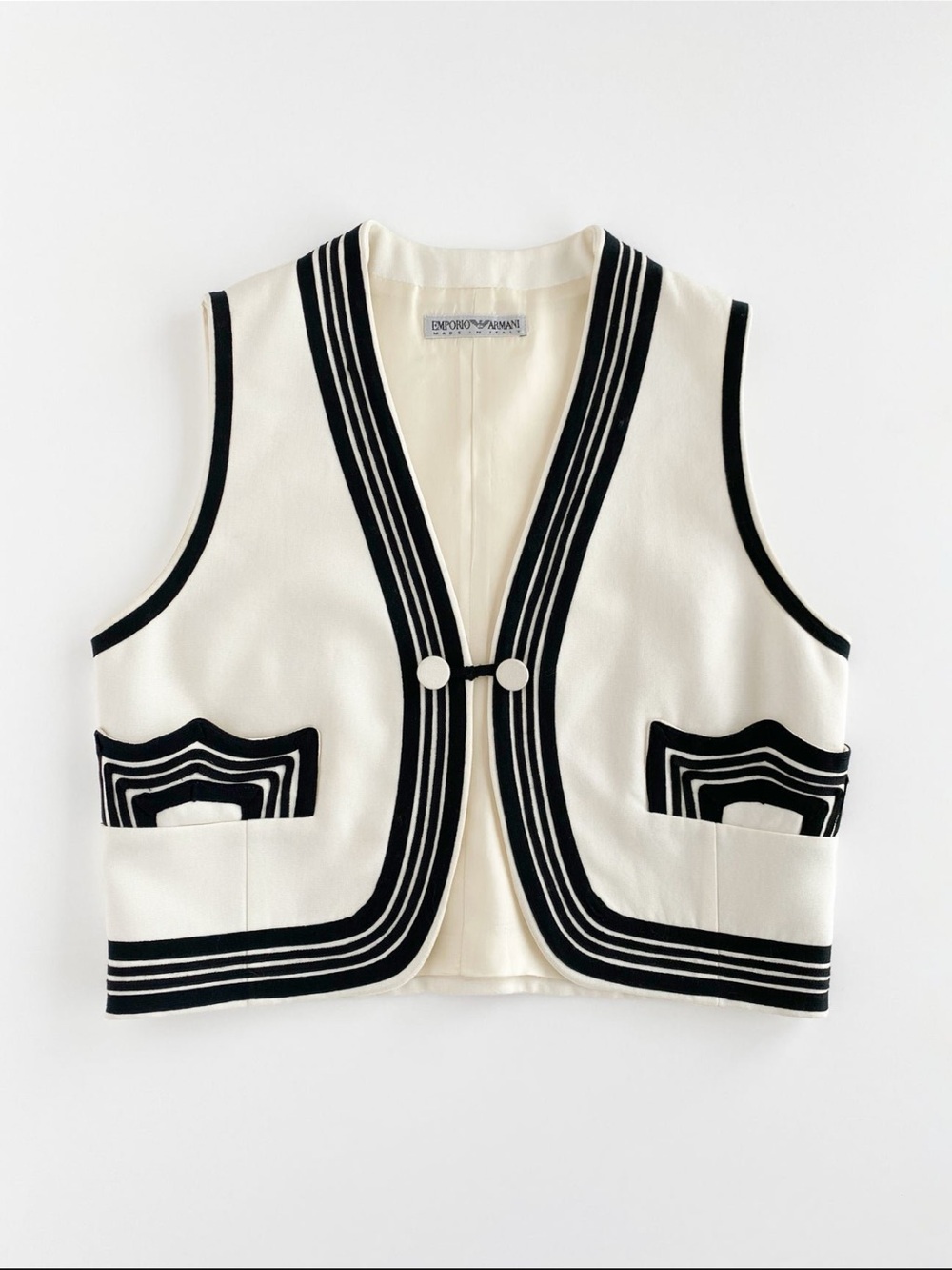 Vintage Emporio Armani Cream Vest with Black Trim Accents